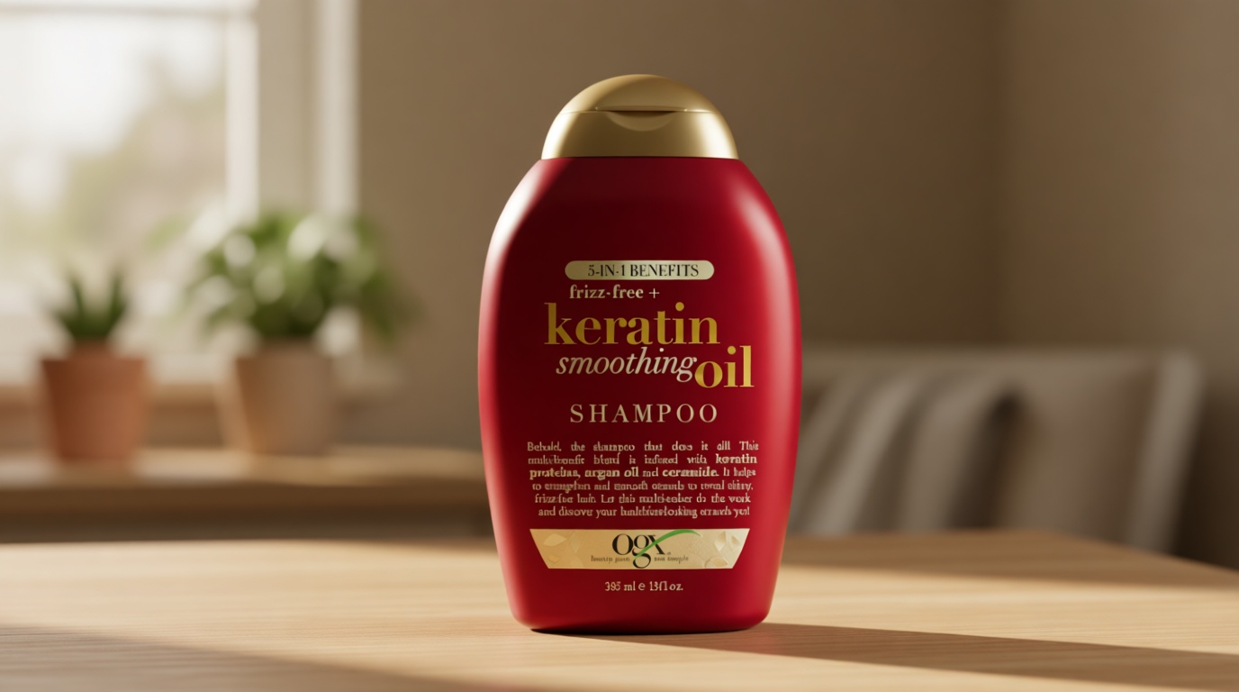 OGX Frizz-Free + Keratin Smoothing Oil Shampoo, 5 in 1, for Frizzy Hair, Shiny Hair, 13 Fl Oz