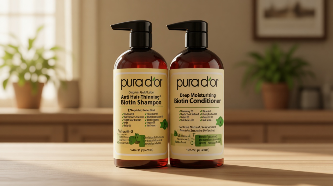 PURA D'OR Anti-Thinning Biotin Shampoo and Conditioner Natural Earthy Scent, CLINICALLY TESTED Effective Results, Herbal Blend Thickening Products For Women & Men, Original Gold Label Set, 16oz x2 | Deep Moisturizing, Conditioner, CLINICALLY TESTED, Effective Results, Hair Thickening, Product
