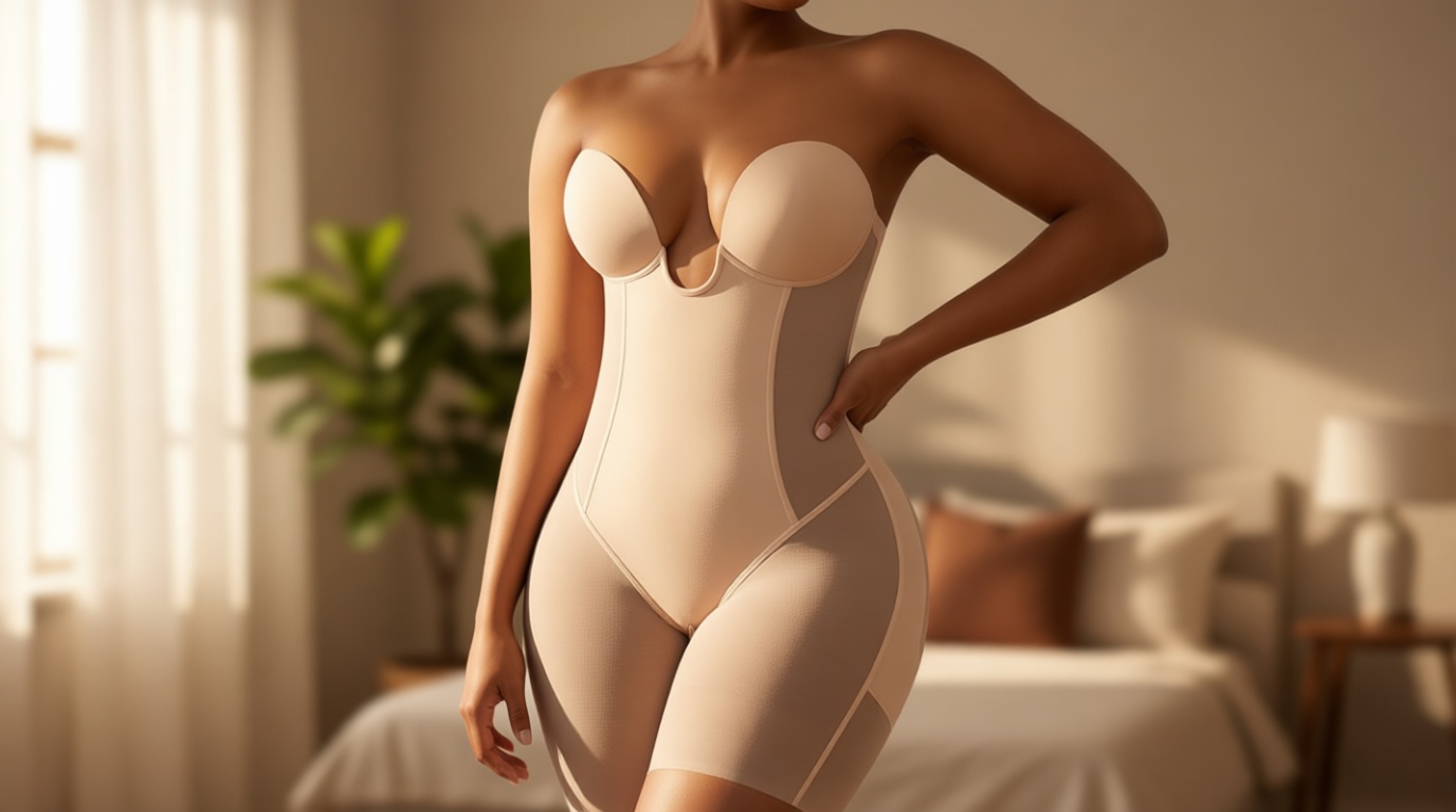 SHAPELLX Strapless Shapewear for Women Deep Plunge Corset Tummy Control Backless Bodysuit Mid Thigh Full Body Shaper