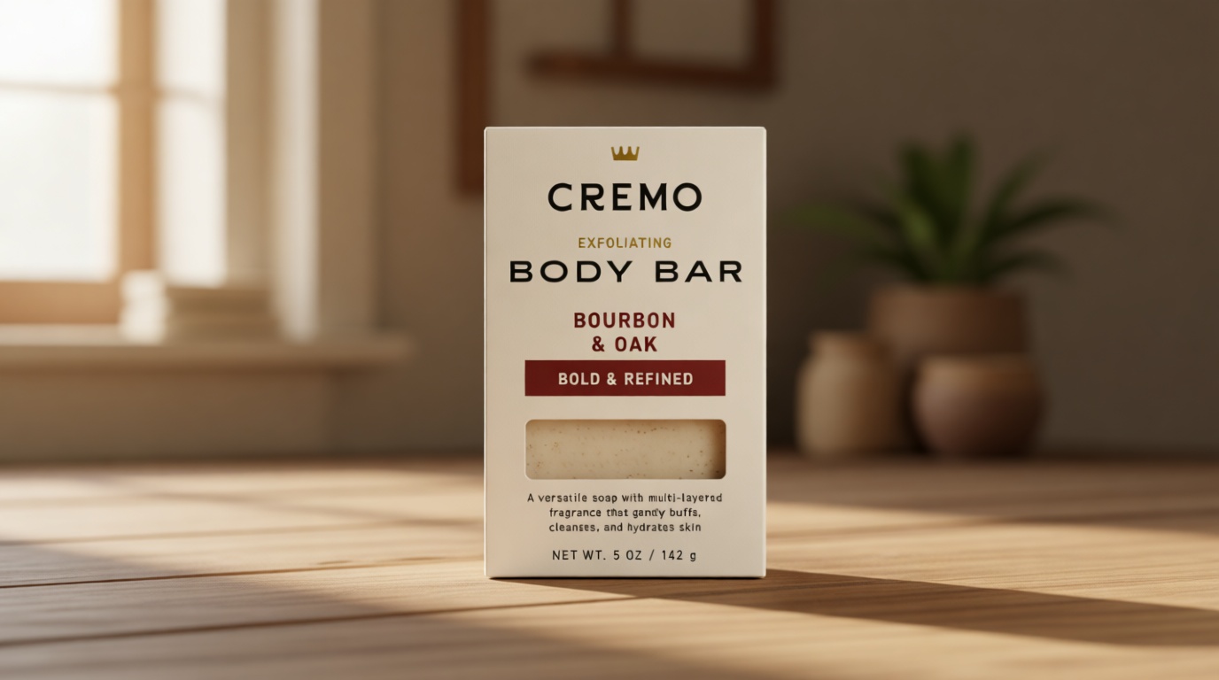 Cremo Exfoliating Body Bar for Men, Bourbon & Oak Scent, Multi-Layered Fragrance That Buffs, Cleanses and Hydrates Skin, 5oz