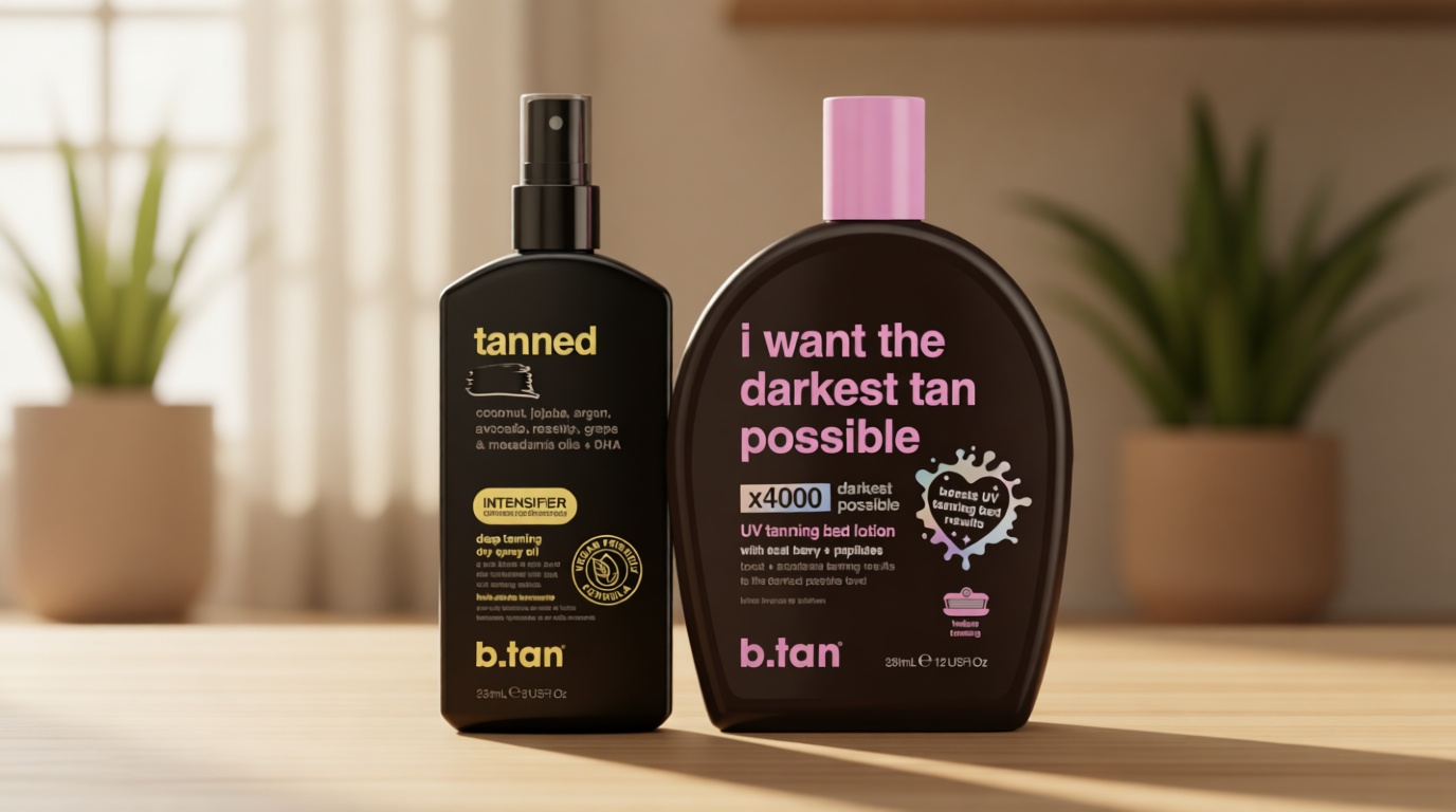 b.tan Tanning Oil & UV Tan Bed Lotion Kit | Best Dark Sun Tanner Bundle - Fast, Tinted, Indoor Outdoor Browning Accelerator Cream & Dark Bronzing Spray, Body Tan Extender, No Suntan Protection