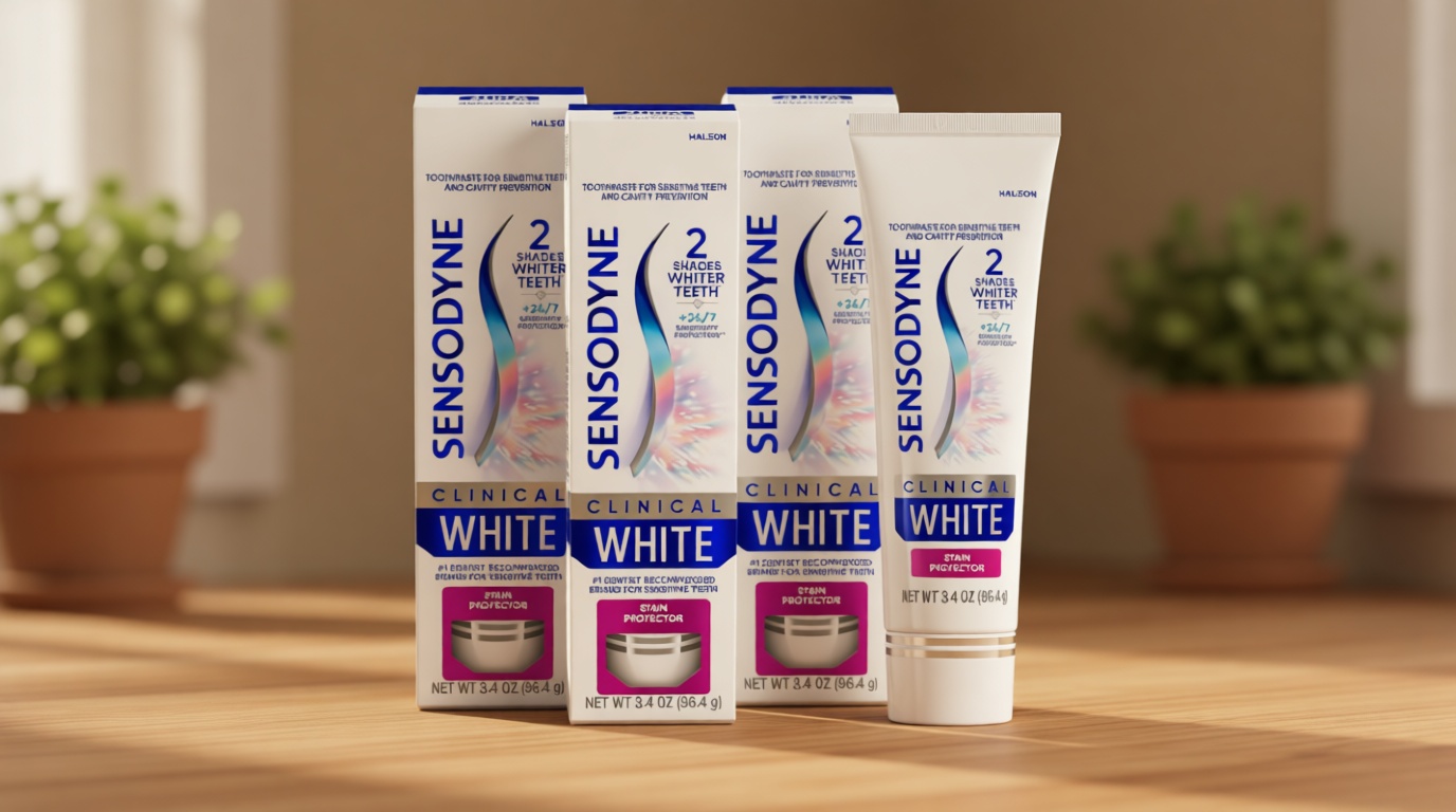 Sensodyne Clinical White Toothpaste Clinically Proven Whitening for Sensitive Teeth, Stain Protector, 3.4 oz x 3