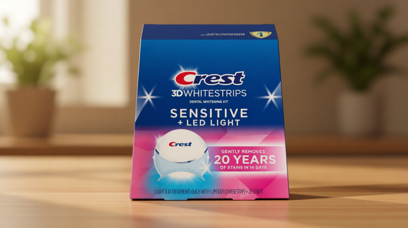 Crest 3D Whitestrips Sensitive & Gentle + LED Light – Teeth Whitening Kit, 1 Light + 14 Treatments, Each with 1 Upper/1Lower, 28 Strips – Crest 3DWhite Teeth Whitening Strips