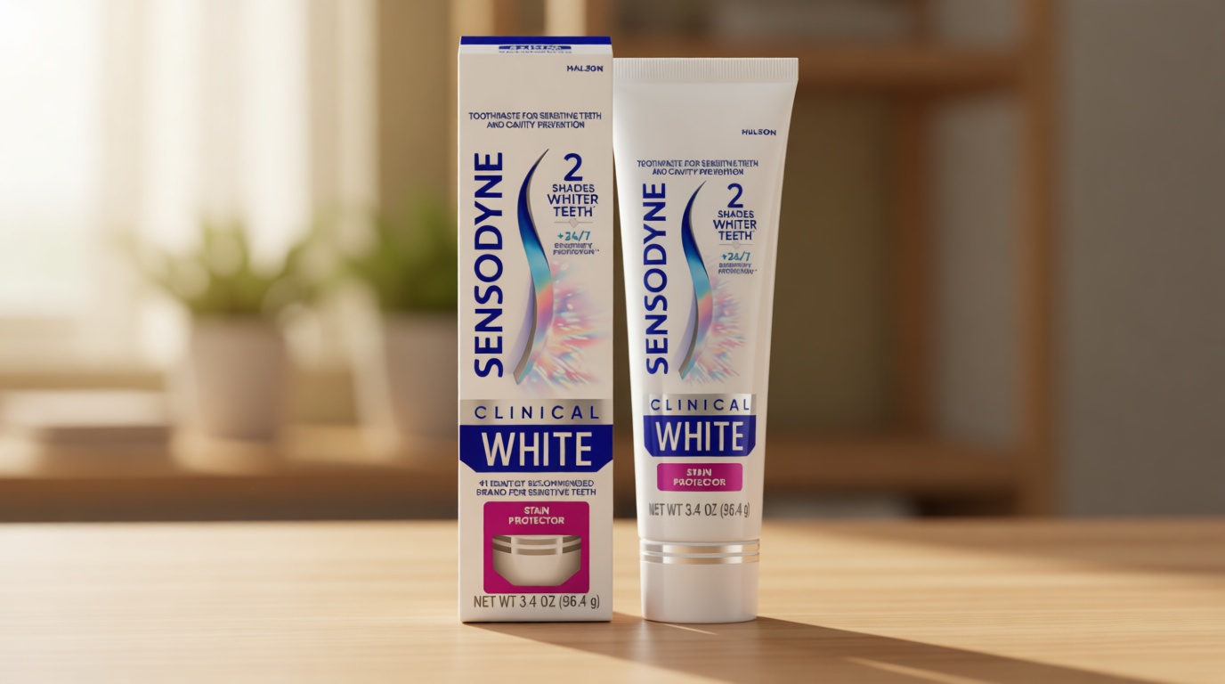 Sensodyne Clinical White Toothpaste Clinically Proven Whitening for Sensitive Teeth, Stain Protector, 3.4 oz
