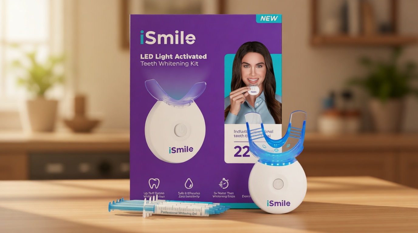 iSmile Teeth Whitening Kit - LED Light, 35% Carbamide Peroxide, (3) 3ml Gel Syringes, (1) Remineralization Gel, and Tray.