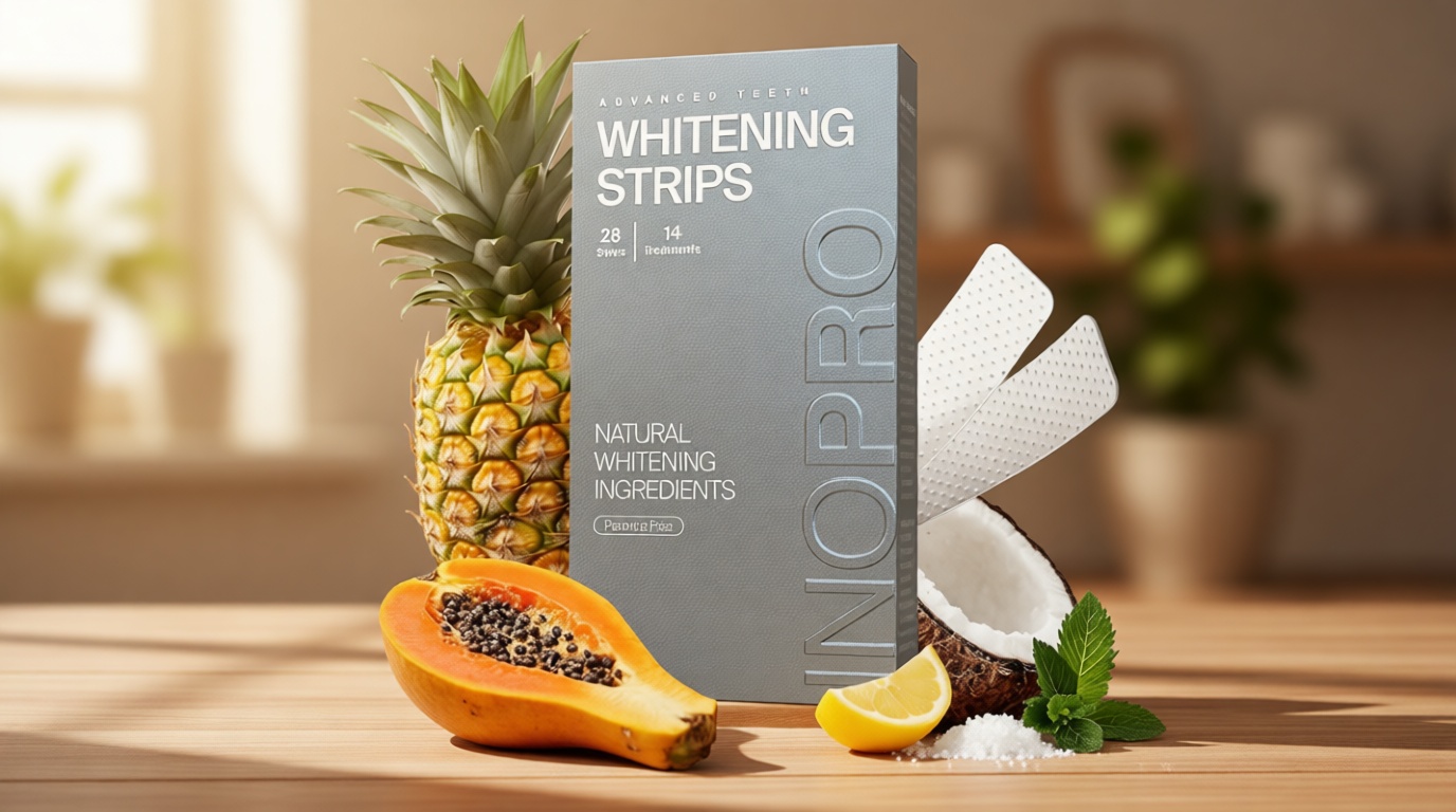 InoPro Natural Teeth Whitening Strips Kit 14 Treatments - Sensitive Teeth Whitener, Peroxide Free with Papain, Bromelain, Coconut Oil, White Strips for Teeth Whitening (28 Strips)
